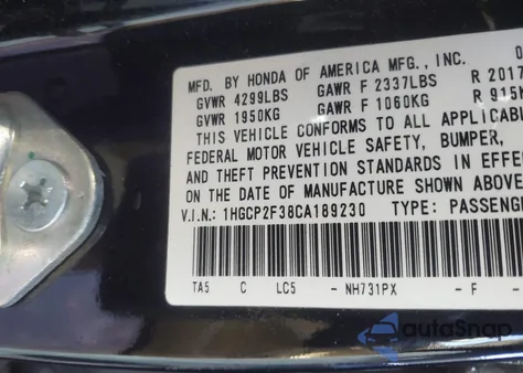 2012 Honda Accord 2.4 Lx z USA, uszkodzony, nr VIN 1HGCP2F38CA189230